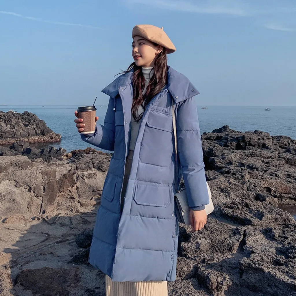 Женский пуховик с длинным рукавом зимний на молнии пальто карманами пуговицах