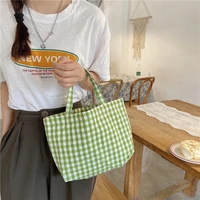 women chequer chess pattern canvas square bag plaid shoulder bag lunch handbag grocery eco cotton shopping bags for ladies