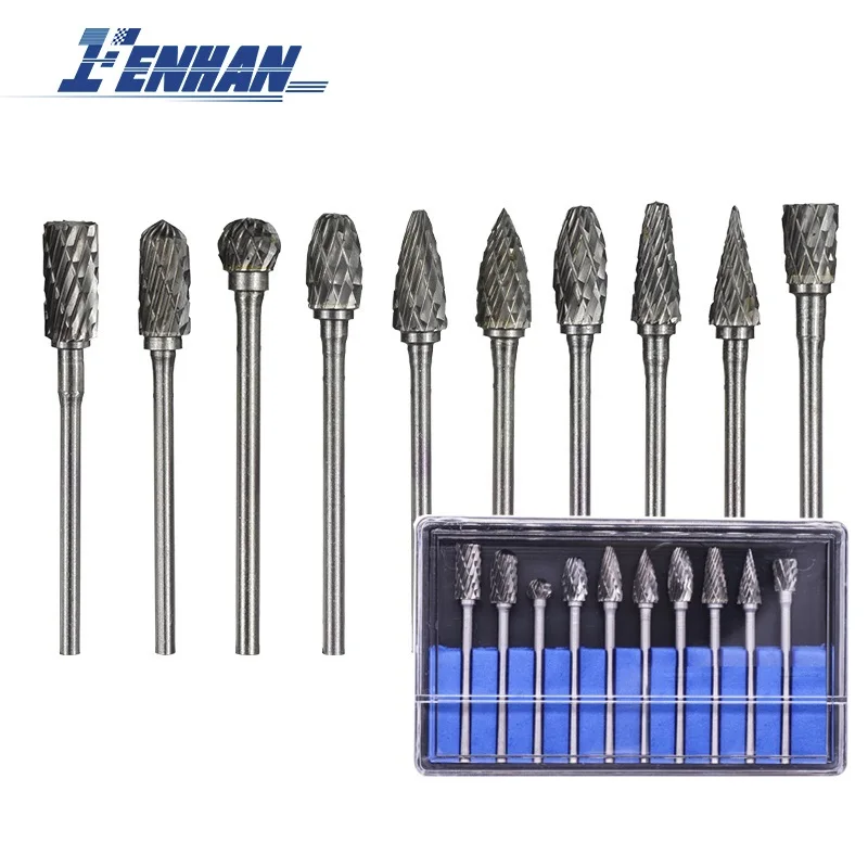 

Rotary Burrs Set 10pcs 3mm Shank Routing Router Drill Bits Tungsten Carbide Milling Cutter Double Cut Rotary Files