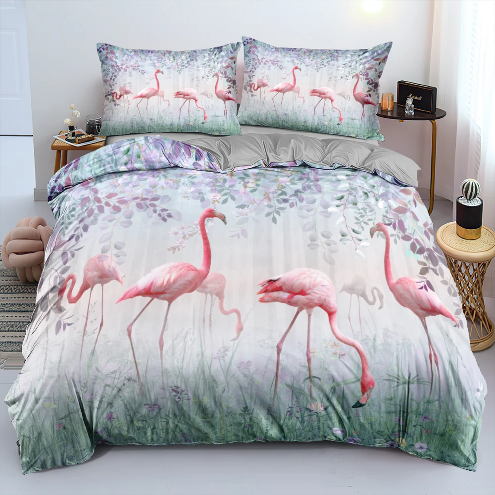 

Flamingo Bedding Set 3D Design Animal Quilt Cover Sets Gray Comforter Covers Pillow Slips King Queen Single Twin Size 160*200cm