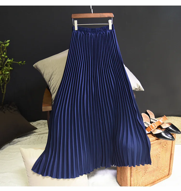 

Womens Vintage Pleated Midi Long Skirt Female Korean Casual High Waist Chiffon Skirts Jupe Faldas 18 Colors 2021Autumn