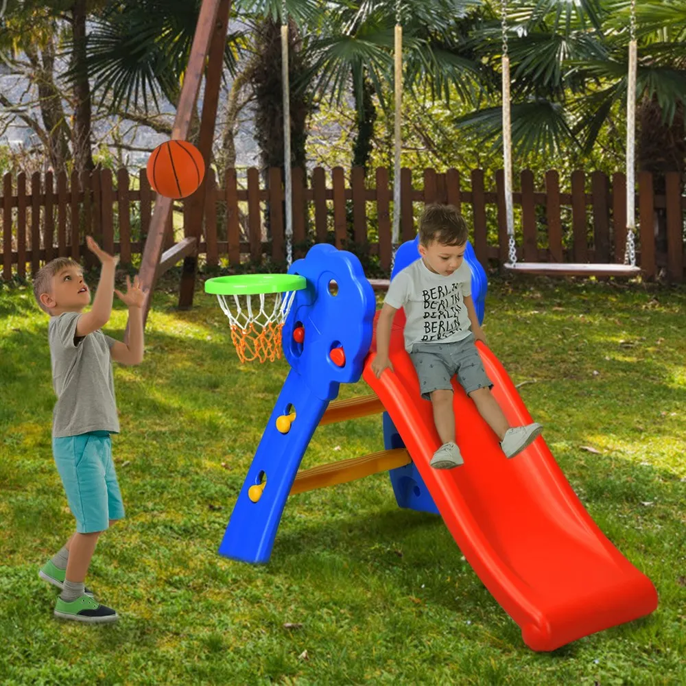 Tobog&aacute;n plegable de 2 escalones con aro de baloncesto para ni&ntilde;os, para interiores y exteriores-2