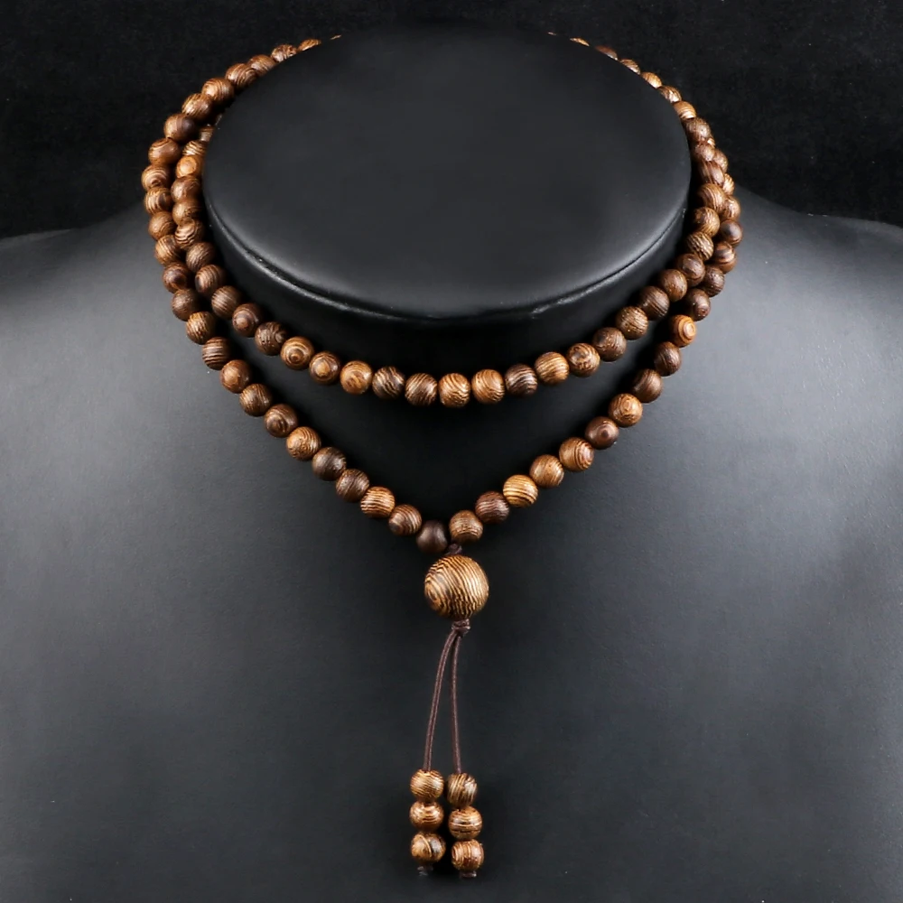 Винтажные браслеты из 108 деревянных бусин 6 мм для женщин и мужчин эластичное