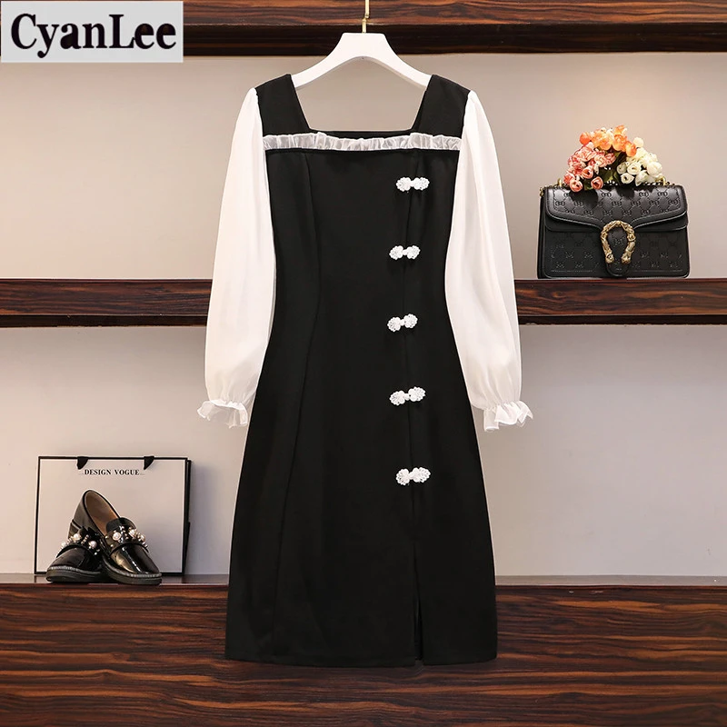 Женское шифоновое платье Ципао с квадратным вырезом длинным рукавом и