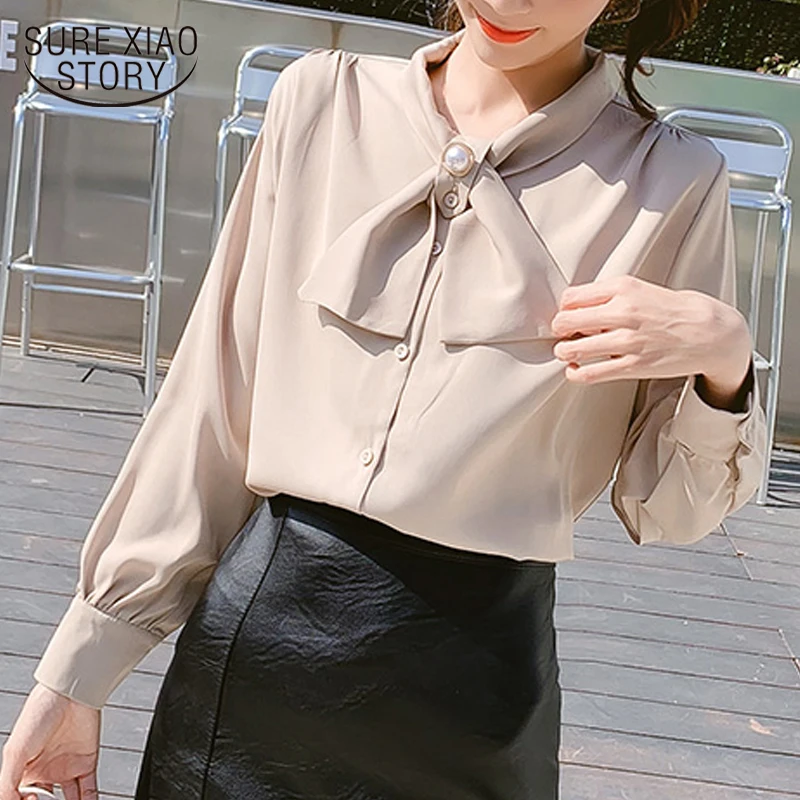 

Женская шифоновая блузка с бантом, длинная Однотонная рубашка с бисером, Повседневная офисная одежда, 2019 50, 5396