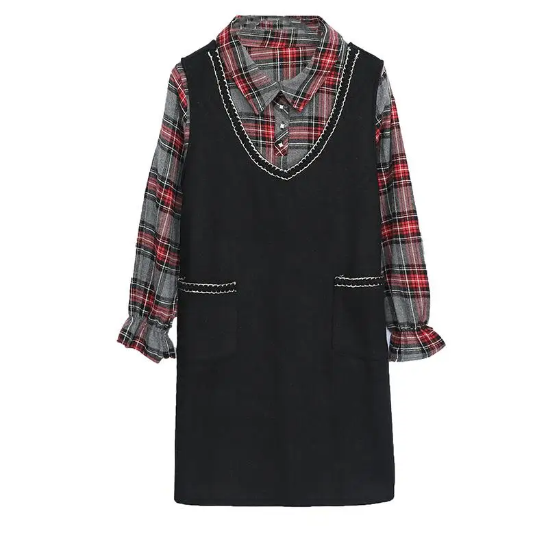 

XL-4XL Korean dress 2 piece set women plaid shirt + vest dress 2 piece winter outfits casual girl suit plus size set clothing