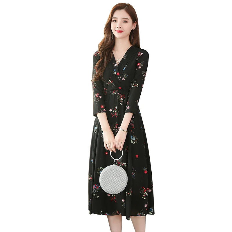 

M-3XL Plus Size Spring And Autumn New Style Slim Mid-Length Chiffon Dress Temperament Floral V-neck Long Sleeve Women Dress