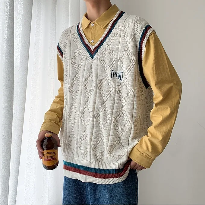 

Sweater Vest Men Letter Printed BF V-neck 2XL Oversize Mens Vests Preppy Style Streetwear Stripe Tops Leisure Knitted Sweaters