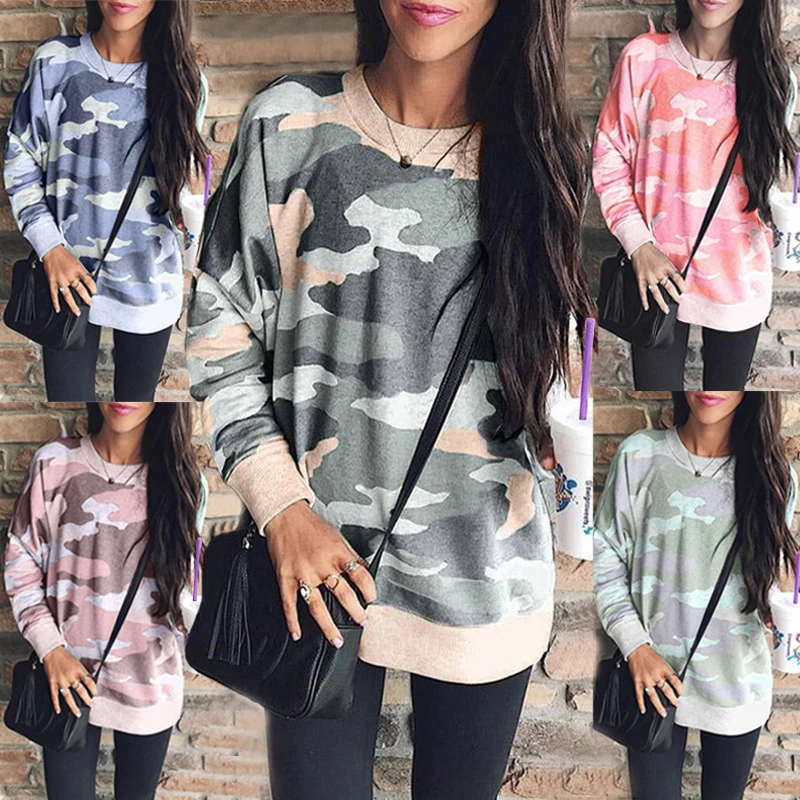 

2019 Spring Autumn Fashion Camouflage Print T shirt Women Long Sleeve O-Neck T-shirts Casual Street Tops Europe Style S-5XL