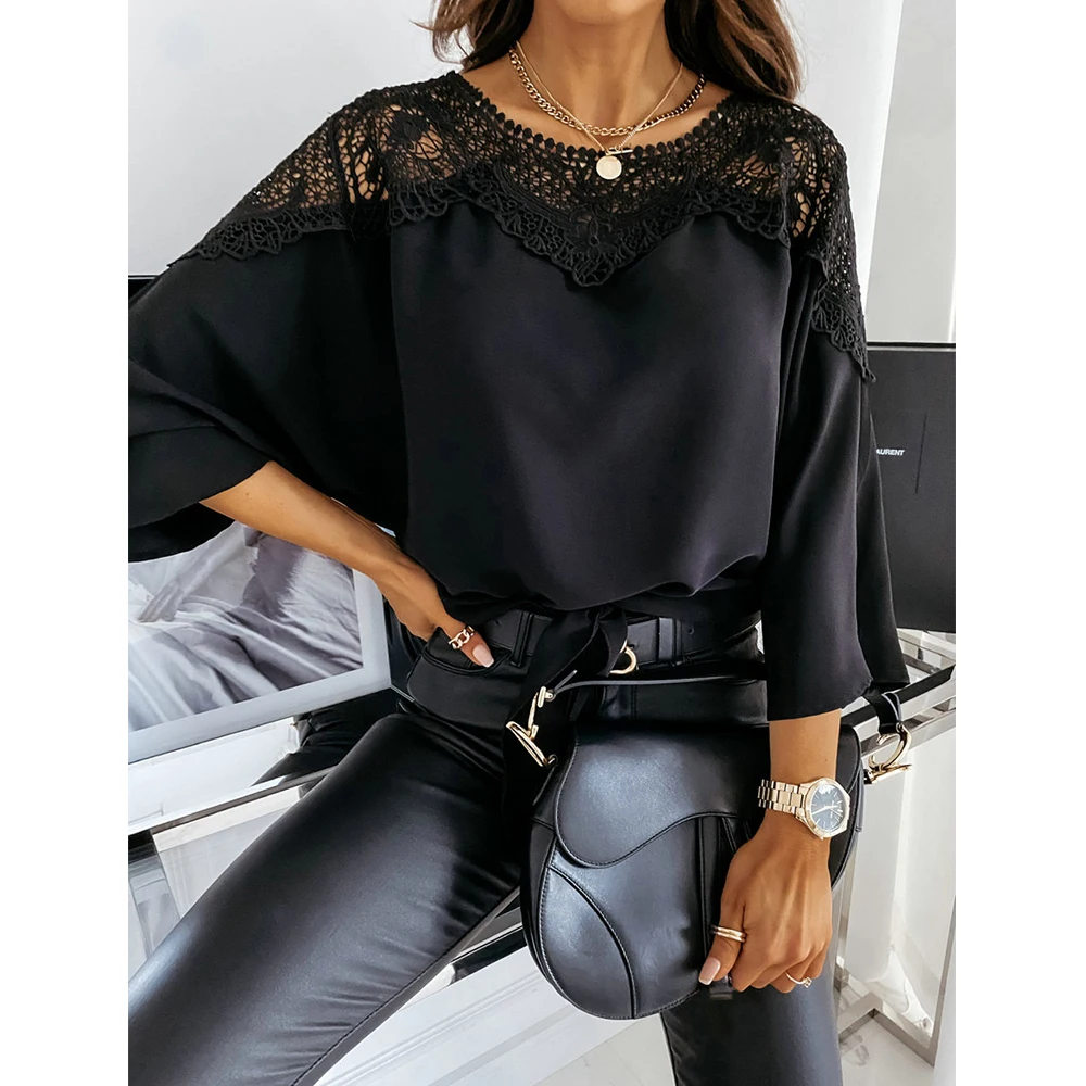 

Женская кружевная вязаная блузка, с круглым вырезом и рукавами «летучая мышь»