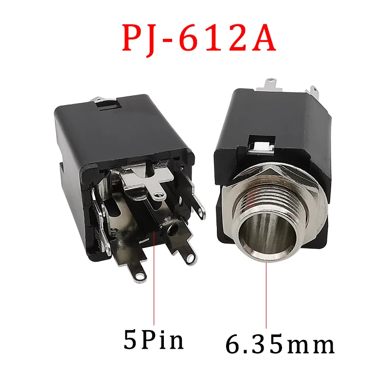 

2Pcs/Lot PJ-612A 6.35mm Headphone Jack 6.3mm 1/4inch 5Pin Audio Video Female Socket Outlet Panel Mount Solder Connector with Nut