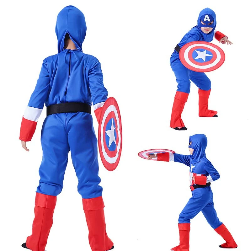 Halloween Cosplay Boys Kid Clothes Captain America Jumpsuit Matching Headgear Shield 3T-8T Carnival Role Play Prom Gown Costume | Детская