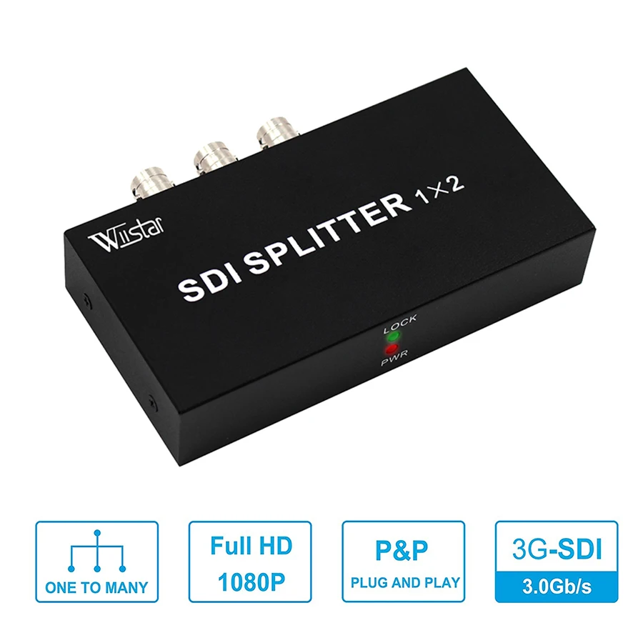 

Wiistar SDI Video 1x2 SDI Splitter 1 in 2 out Support 3G/HD/SD-SDI SDI Signal Extender for TV Video Projector Monitor Camera