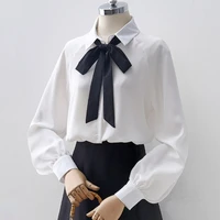 bow tie womens shirt white autumn solid long lantern sleeve female tops single breasted office ladies shirts
