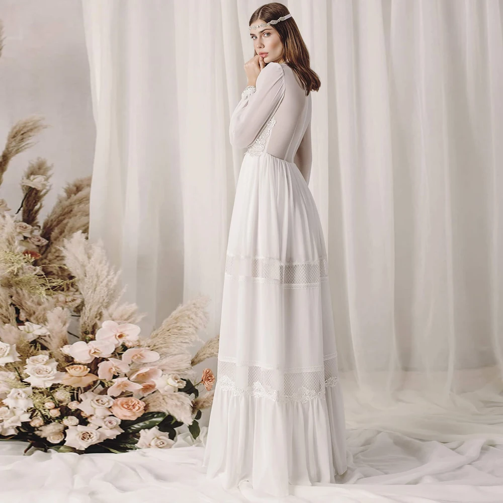 

Vestidos Elegant Wedding Dresses Chiffon Lace Appliques High Collar Full Sleeve Zipper A-Line Bridal Gowns