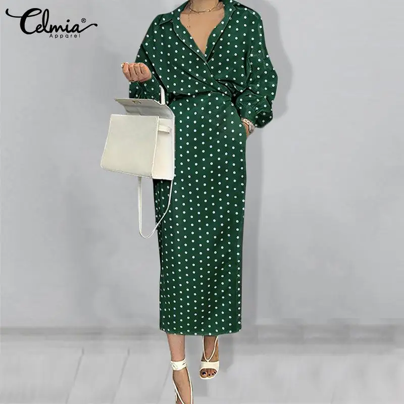 

Celmia Women Midi Long Shirt Dress 2021 Fashion Polka Dot Long Bat Sleeve Robe Longue Autumn Casual Loose V Neck Holiday Vestido