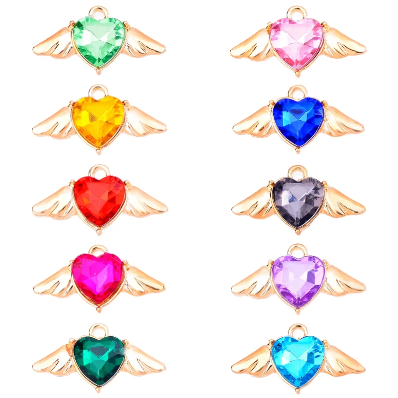 

10 Pcs Fashion Colorful Heart Crystal Wings Charms Gold Accessories For Women's Earrings Bracelets DIY Jewelry Making Supplies