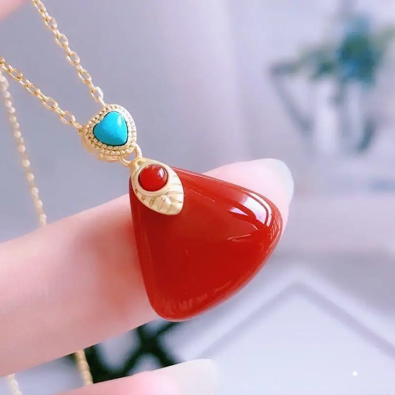 

S925 Sterling Silver Inlaid South Red Geometric Pendant Natural Agate Jade Turquoise Pendant Necklace Clavicle Set Chain