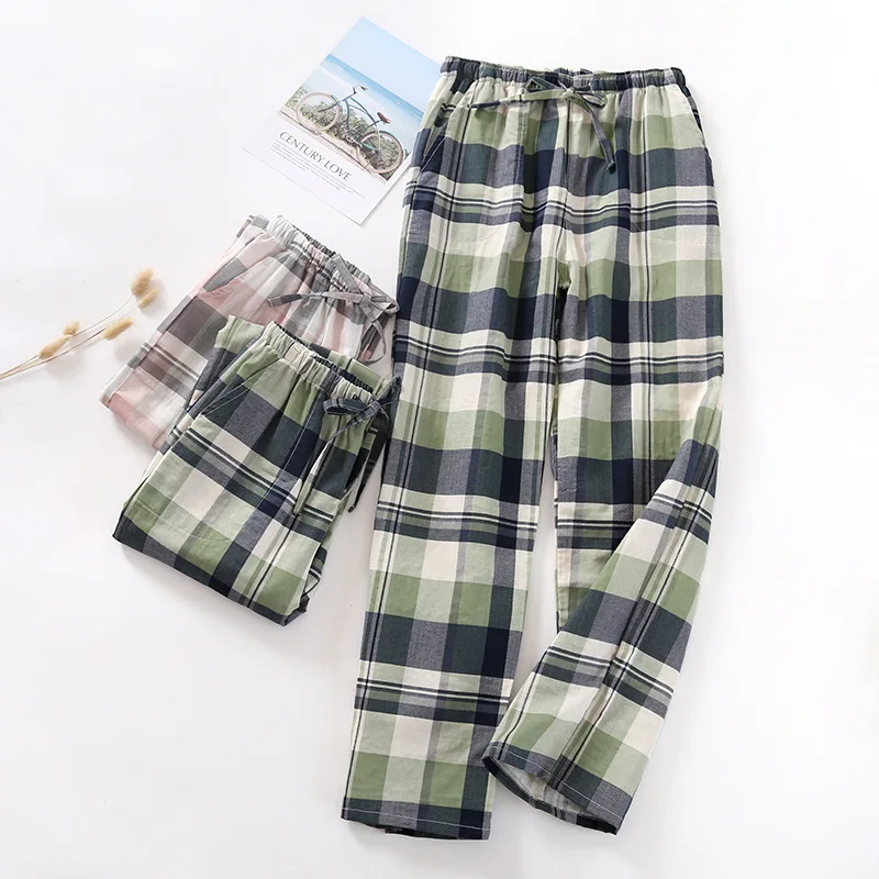 Women Cotton Gauze Pajama Sleepwear Pants Leisure Plaid Men Sleep Long Pants Drawstring Sleep Bottoms Casual Homewear Trousers