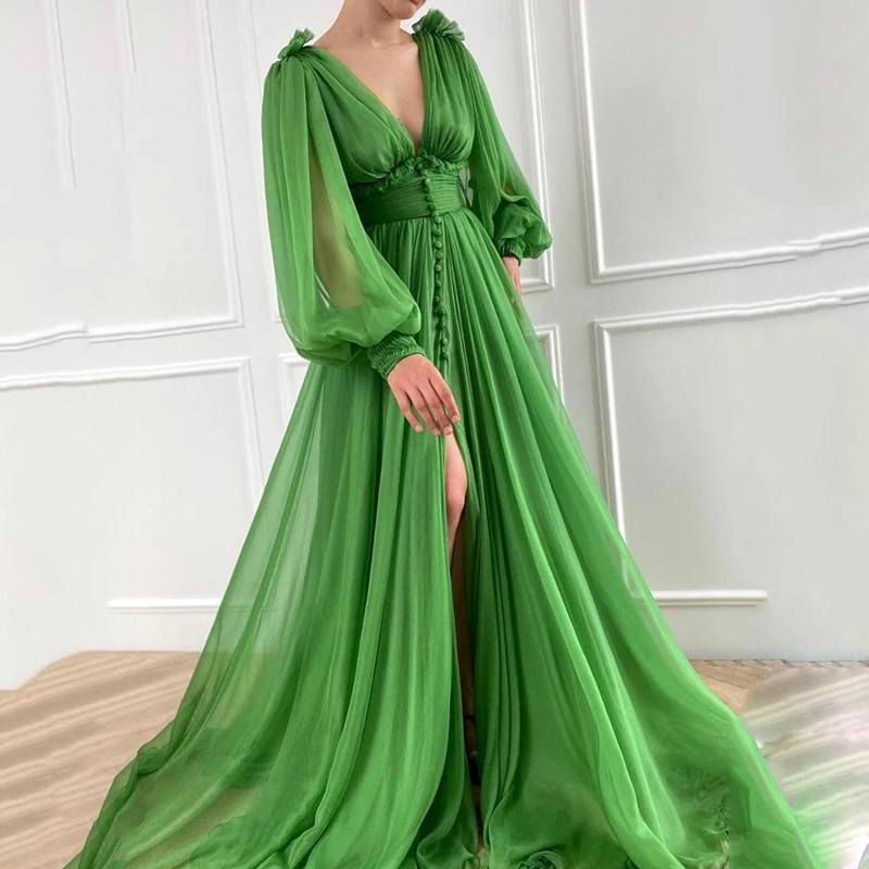 

New Arrival Green V-Neck Long Puff Sleeves Tulle Prom Dress Elegant A-Line Draped Evening Dress Plus Size Ruffled Long Party