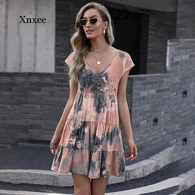 

Платье женское ТРАПЕЦИЕВИДНОЕ с оборками, Пляжная праздвечерние чная Туника мини с V-образным вырезом, одежда для лета, 2021