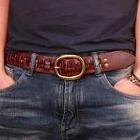 new fashion top layer pure cowhide genuine leather men belt manual knitted belts retro style needle button copper buckle strap