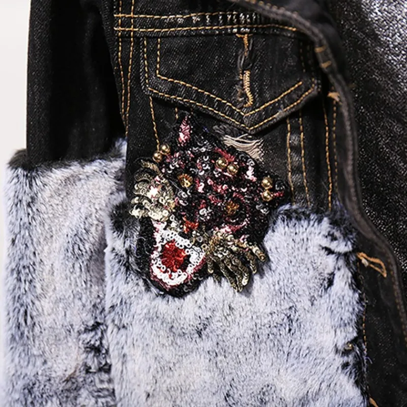 

High Street Women Two Piece Outfits Patchwork Rabbit Fur Sequined Denim Jacket Straight Jeans Matching Sets Autumn Female Set