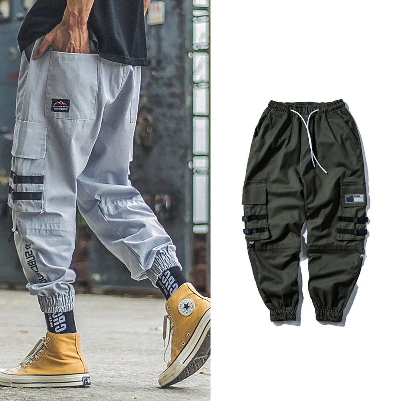 

2019 Men's Streetwear Joggers Pants Hip Hop Ribbons Design Jogger Pant Men Casual Cargo Trousers Sweatpants Ankle-Length WB57