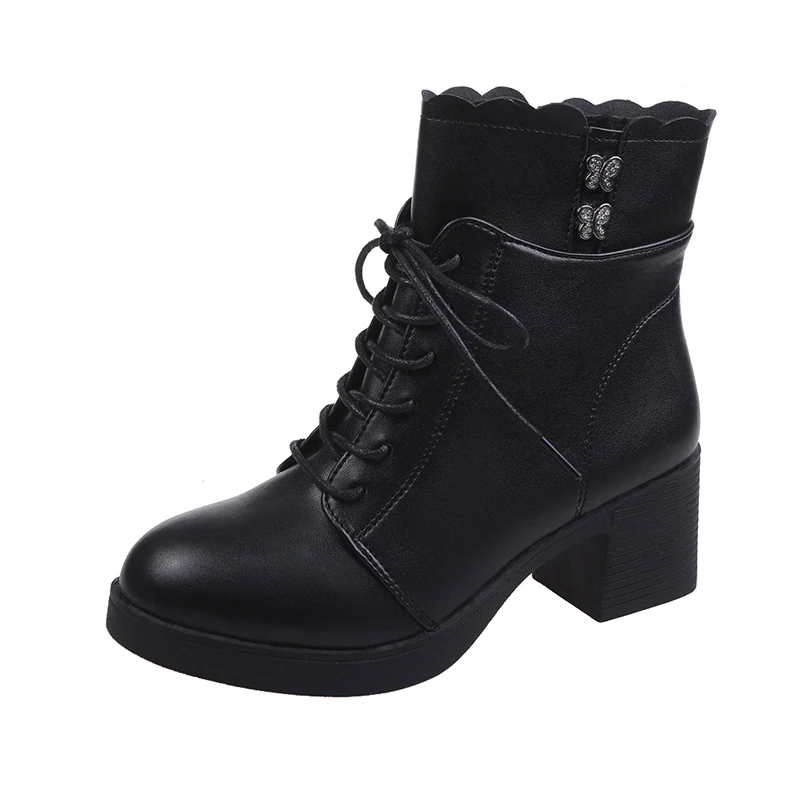 

Woman Winter Ankle Stretch Boots High Heels Crystal Bow Botas Femininas Botines Femme Pu Leather Thick Faux Fur Buckle Zip Shoes