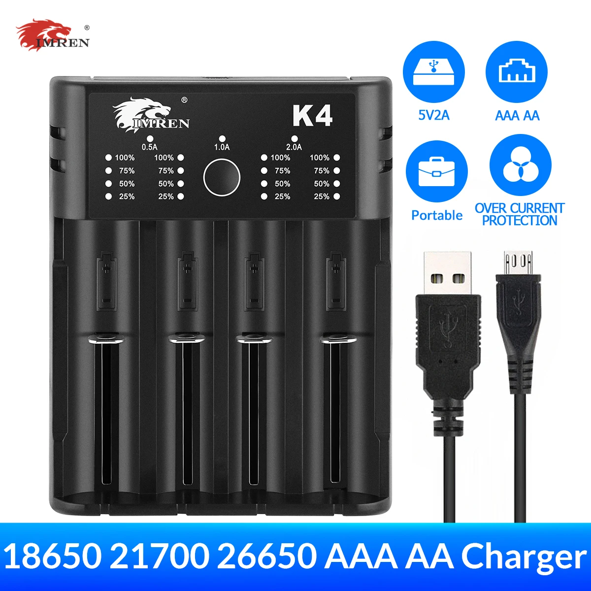 IMREN K4 5V2A USB зарядное устройство 18650 для 3 7 V IMR INR ICR NCR A AA AAA 26650 21700 17350 18350 14500 13450 16500