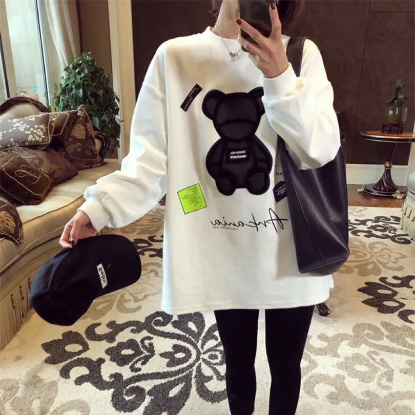 

Round neck thin sweater women's 2021 spring and autumn new mid long bear sweater loose Korean long sleeve T-shirt