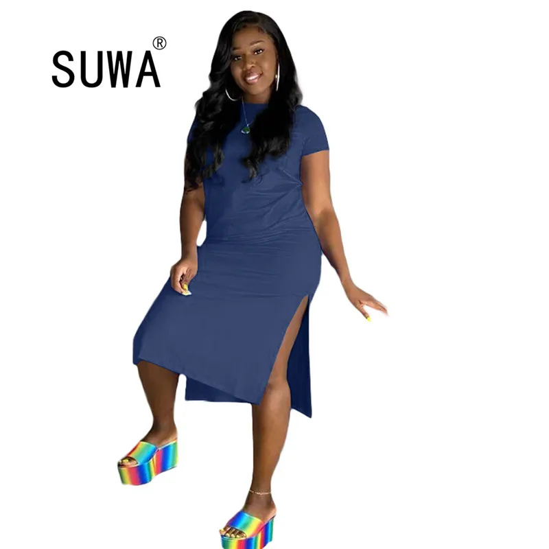 

Casual Fashion Home Wear Women Knee-Length Dress Female Loose O-Neck Short Sleeves Dresses High Split 2020 Summer New Wholesale