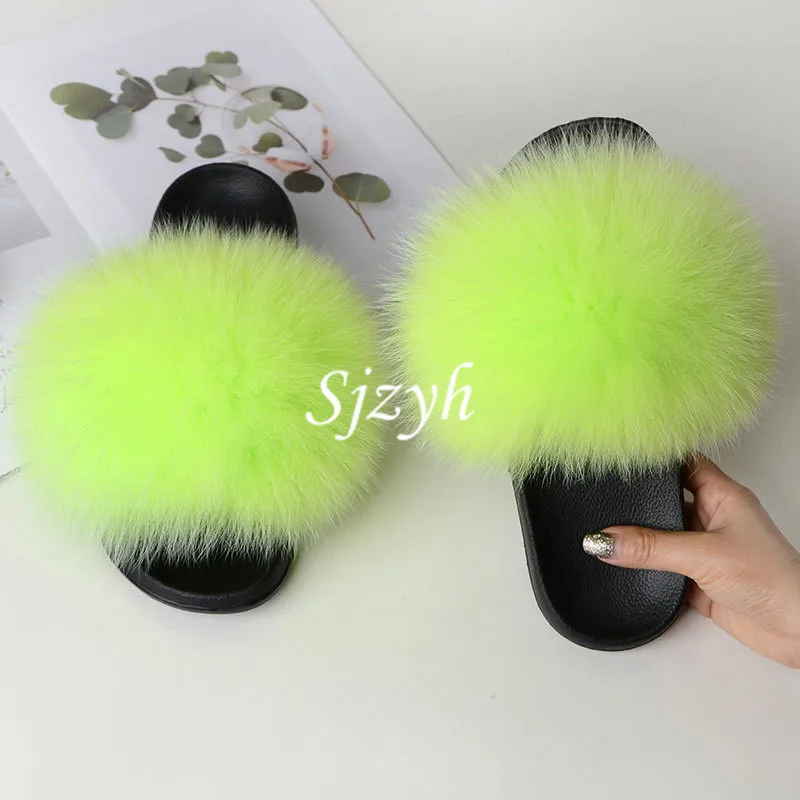 

Women's Winter Fluffy Fox Fur Slippers Female Fur Sandals Indoor Warm Furry Flip Flops Ladies Amazing Plush Slides Kids Shoes