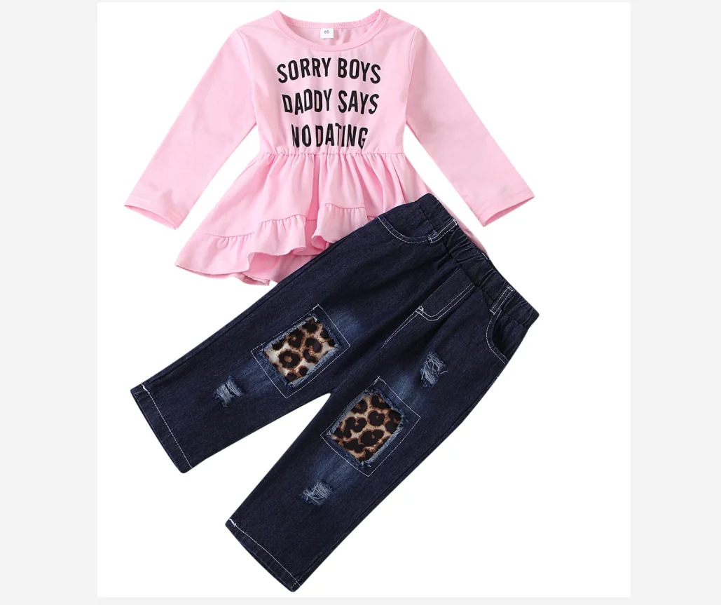 

Baby Girl Long OutfitsLong Sleeve Round Collar Blouse Pocket Elastic Waist Jeans Girls Autumn Suits