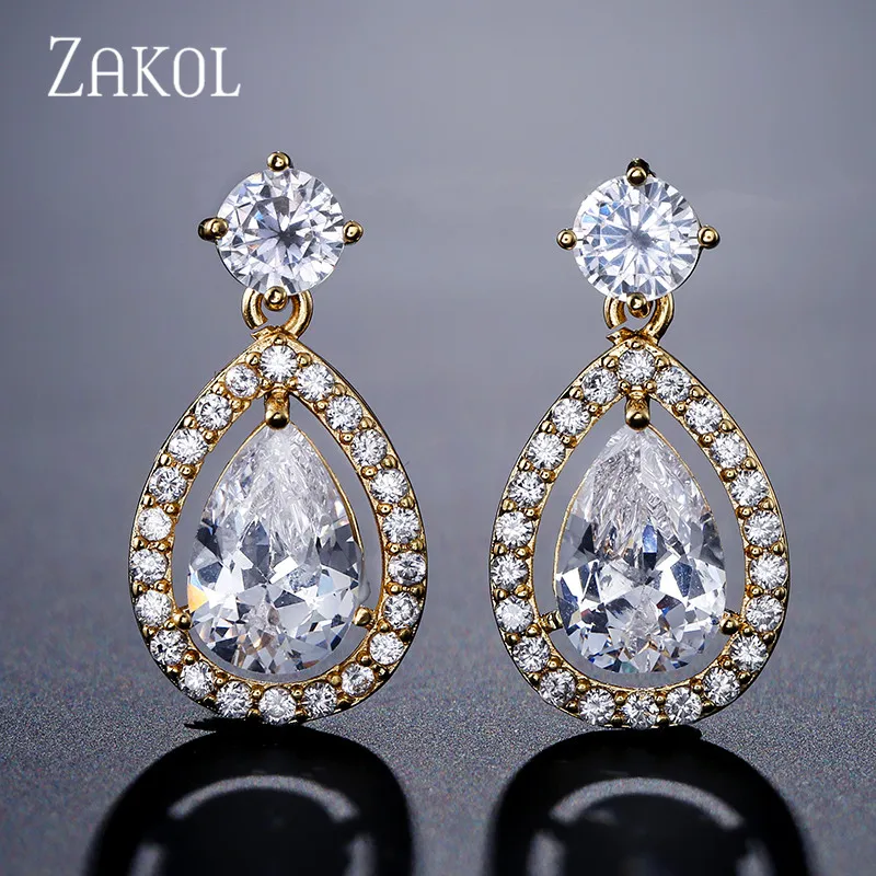 Gold Color Длинные серьги в виде капель из белого/розового/желтого золота от ZAKOL, женские серьги-капельки с прозрачным кристаллом для ногтей, ослепительный свадебный подарок FSEP2263 - Окраска металла: Gold Color