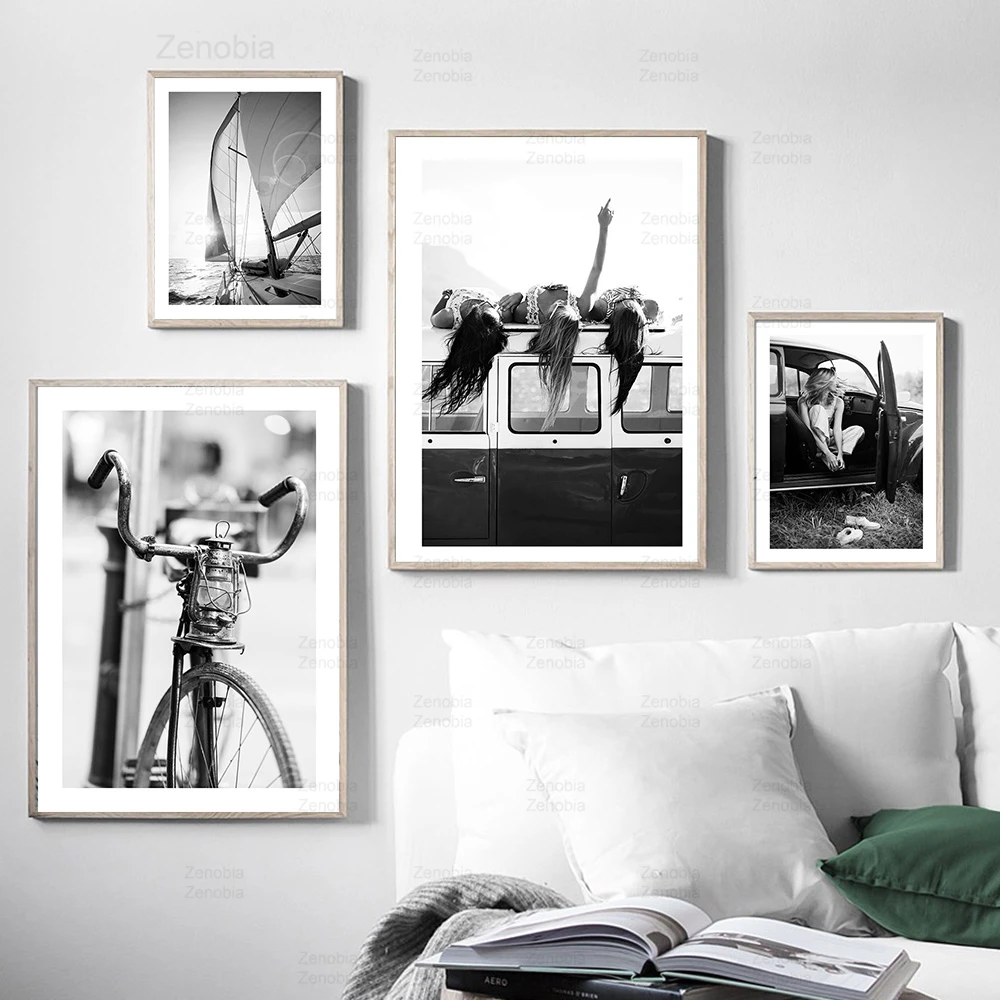 

Scandinavian Style Bike Poster Black White Canvas Painting Girl In Car Wall Art Pictures for Living Room Nordic Home Decoration