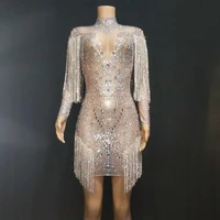 see through crystal evening party dress tassel rhinestones birthday celebration hip wrapped dress nightclub singer stage outfits