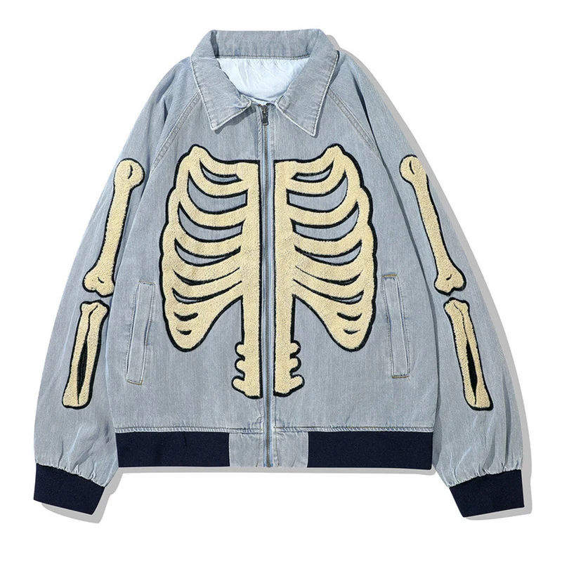

Furry Bone Varsity Denim Jacket Men Skeleton Flocking Zipper Baseball Jeans Jacket Men Autumn Quality Harajuku Bomber Coats 2021