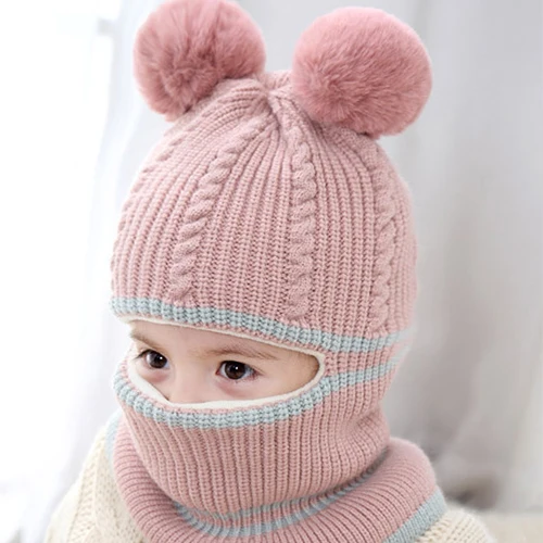 pink pompom Детская шапка-шлем снуд зимняя кепка для мальчики с помпоными шапки для девочики шапочки для новорожденных HT073 - Цвет: pink pompom