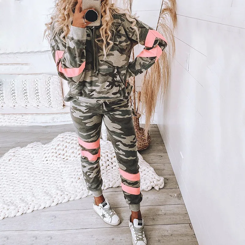 

Sportwear Camouflage Two Piece Set Women Trouser Suits Outfit Tracksuit Fitness Set Training Suits Sports Suit 2021