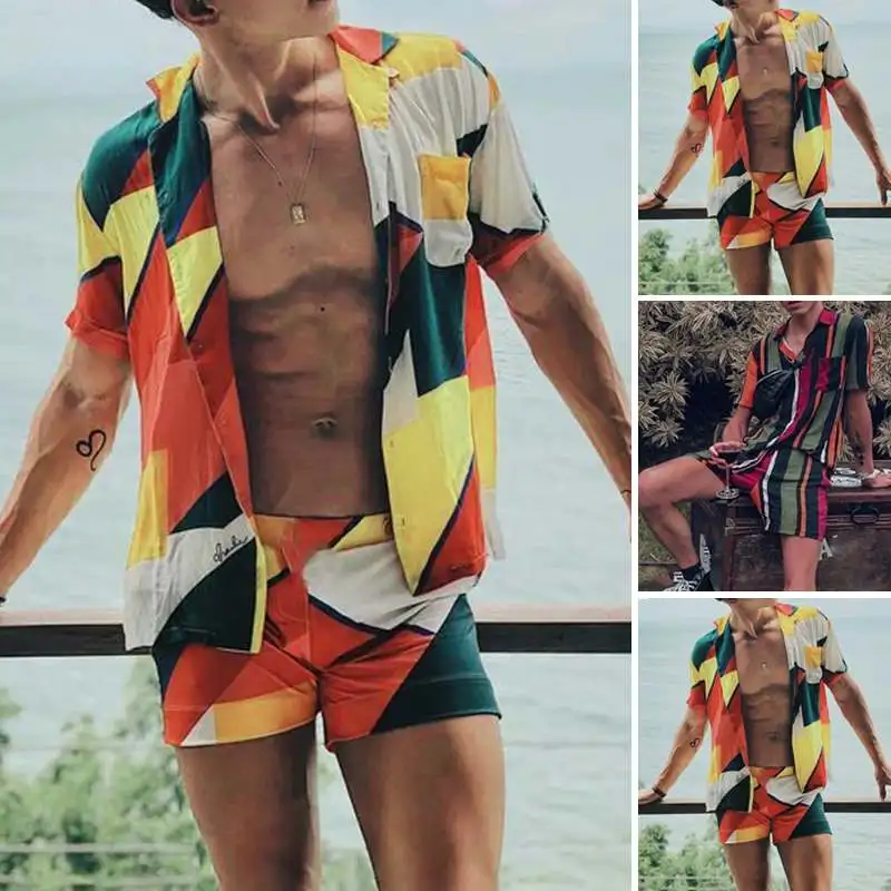 

Men Summer Sets Short Sleeve Cardigan Shirts Elastic Shorts Fashion Suits Man Vintage Printing Hawaiian Beach 2 Pieces 7