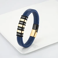 2021 new unisex and simple style 7 ring stainless steel for men and women couples bracelets blue wide leather rope charm bracele