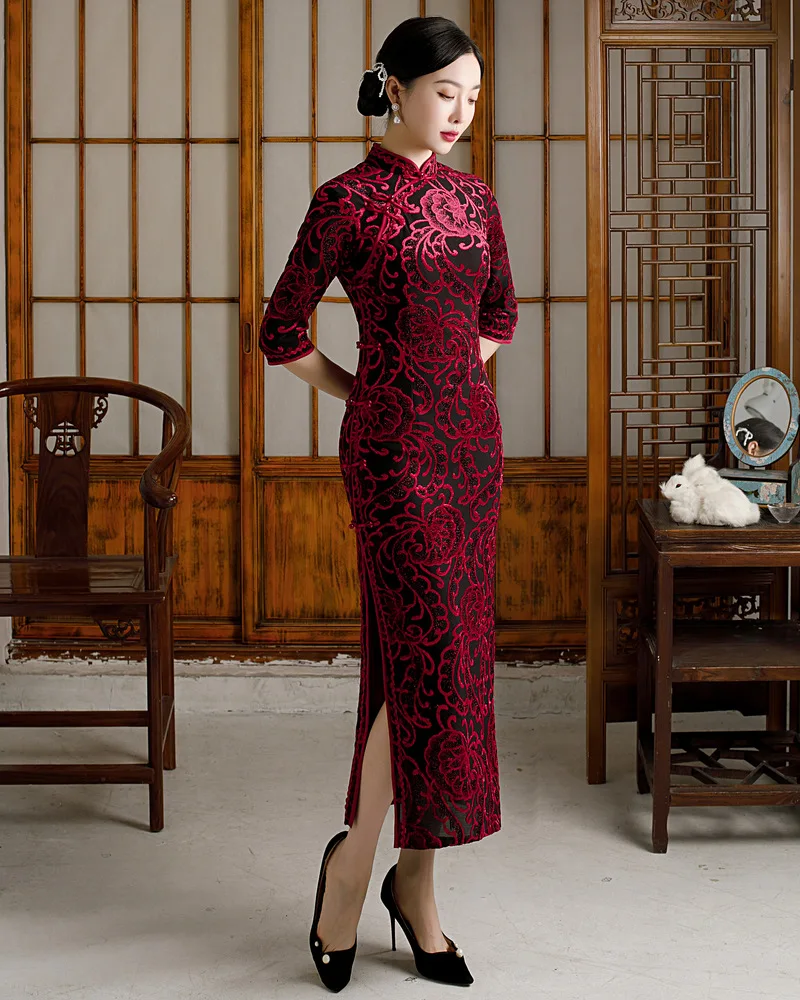 

Autumn Winter Women Seven Points Sleeve Lace Trim Long Qipao Elegant Orientale Mandarin Collar Velour Cheongsam Oversize 4XL