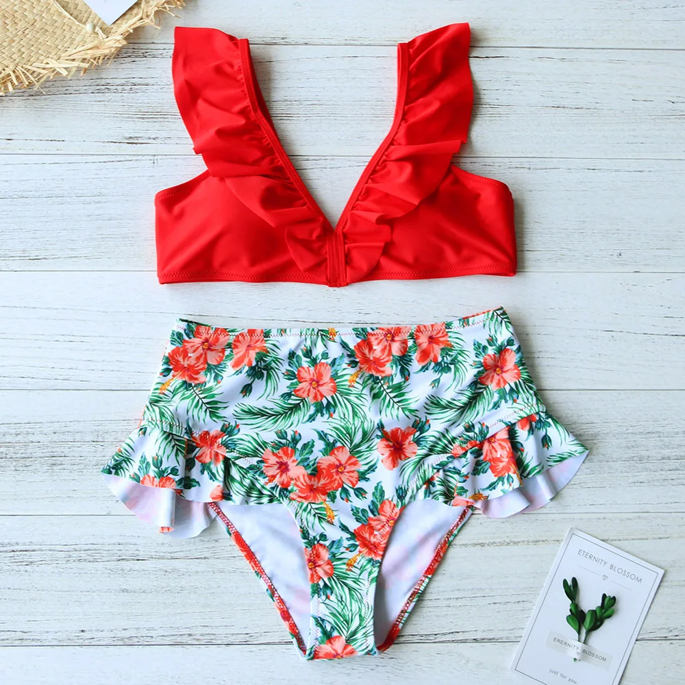 

2021 New Ruffle High Waist Bikini Swimsuit Women Swimwear V-neck Bikini Set Printed Floral Bathing Suit Swim Suit Female