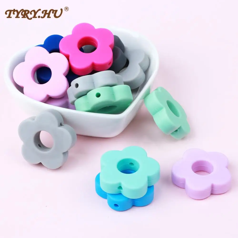 TYRY.HU-Cuentas de silicona para dentici&oacute;n de beb&eacute;, 10 piezas, flor, manualidades de enfermer&iacute;a, cuentas para masticar, Clips, cadena para chupete, accesorios de juguete-0