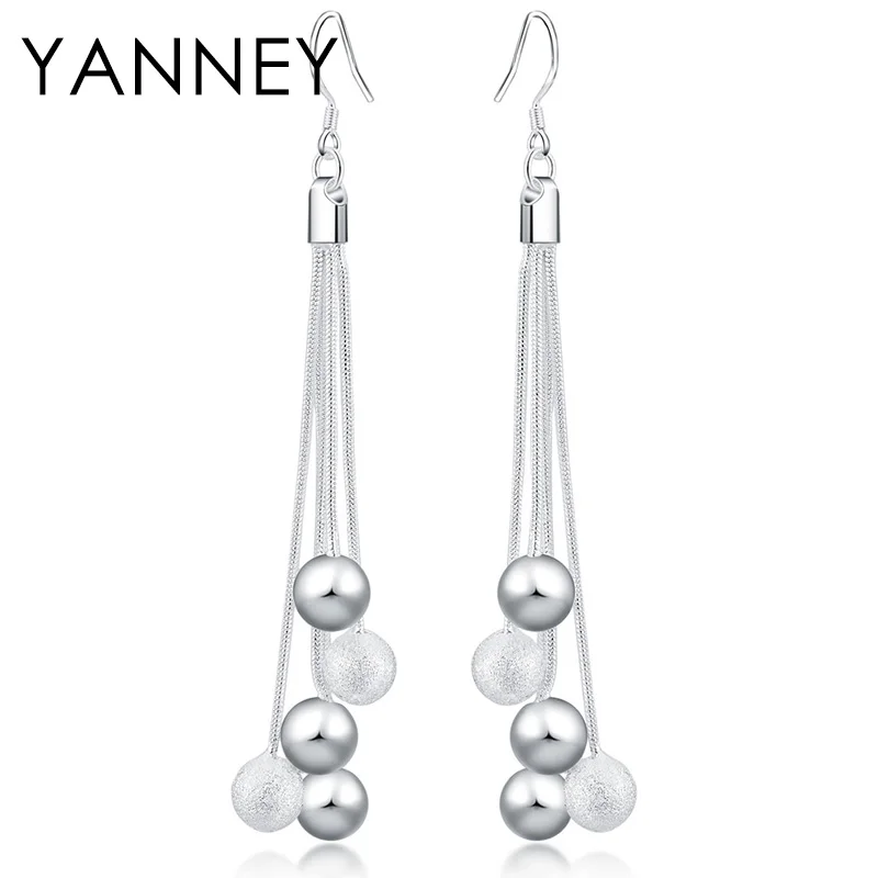 

YANNEY 925 Sterling Silver 86MM Long Tassel Bead Pendant Earrings For Woman Fashion Wedding Party Gift Jewelry