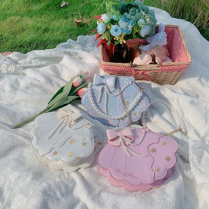 

Милая сумка-мессенджер в форме ракушки с бантом в стиле Лолиты; Милая сумка принцессы с жемчужной цепочкой; Сумки на плечо; Kawaii; Сумки для тел...