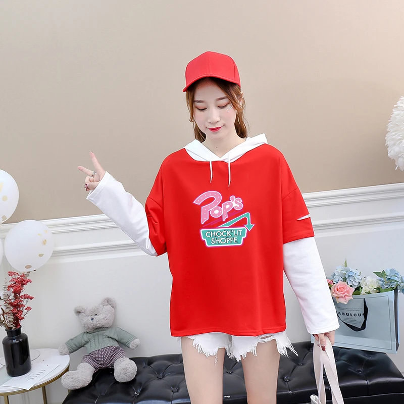 

Riverdale T Shirt Women Streetwear Casual Loose Harajuku Spell Color Splicing Letter Printed Hooded Tops Tee Shirt Femme Clothes