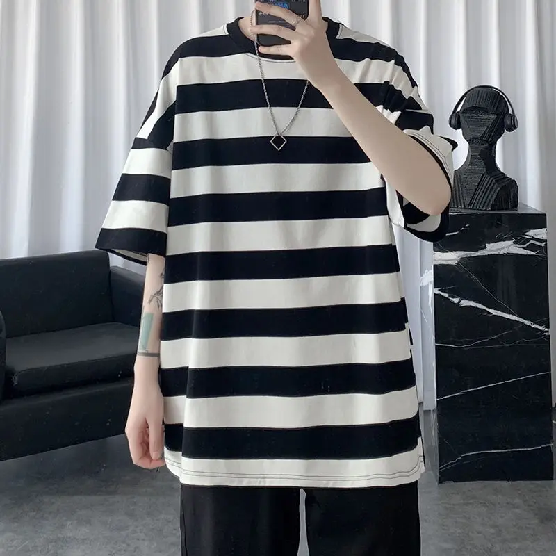

Summer Cotton Short-sleeved T-shirt Men's Fashion Hit Color Casual O-neck Tshirt Men Streetwear Loose Striped T Shirt Mens Tops