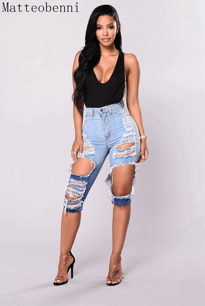 

Knee Length Ripped Hole Denim Shorts Women Push Up Stretch High Waist Biker Short Jeans Women Summer 2020 New Shorts Streetwear